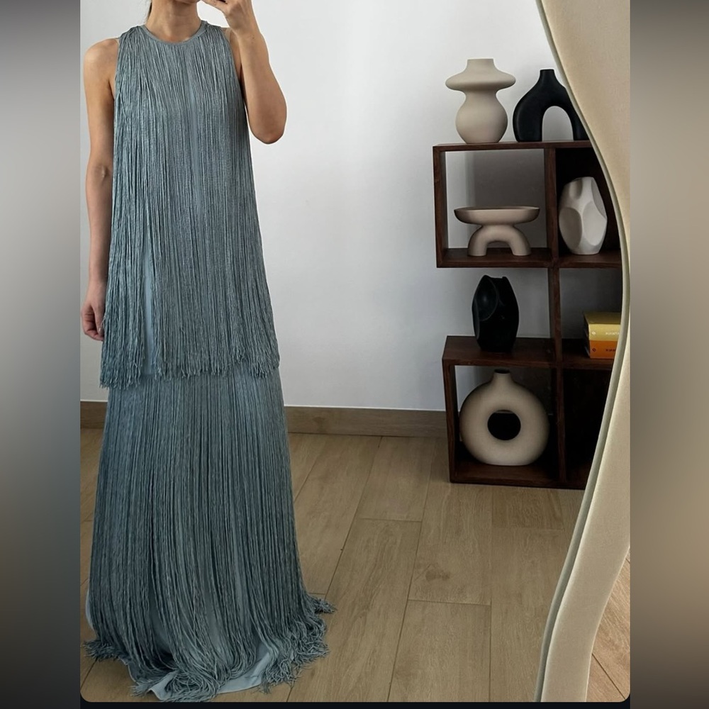 ASOS blue fringe Tiered Maxi Dress halter neck size 4US